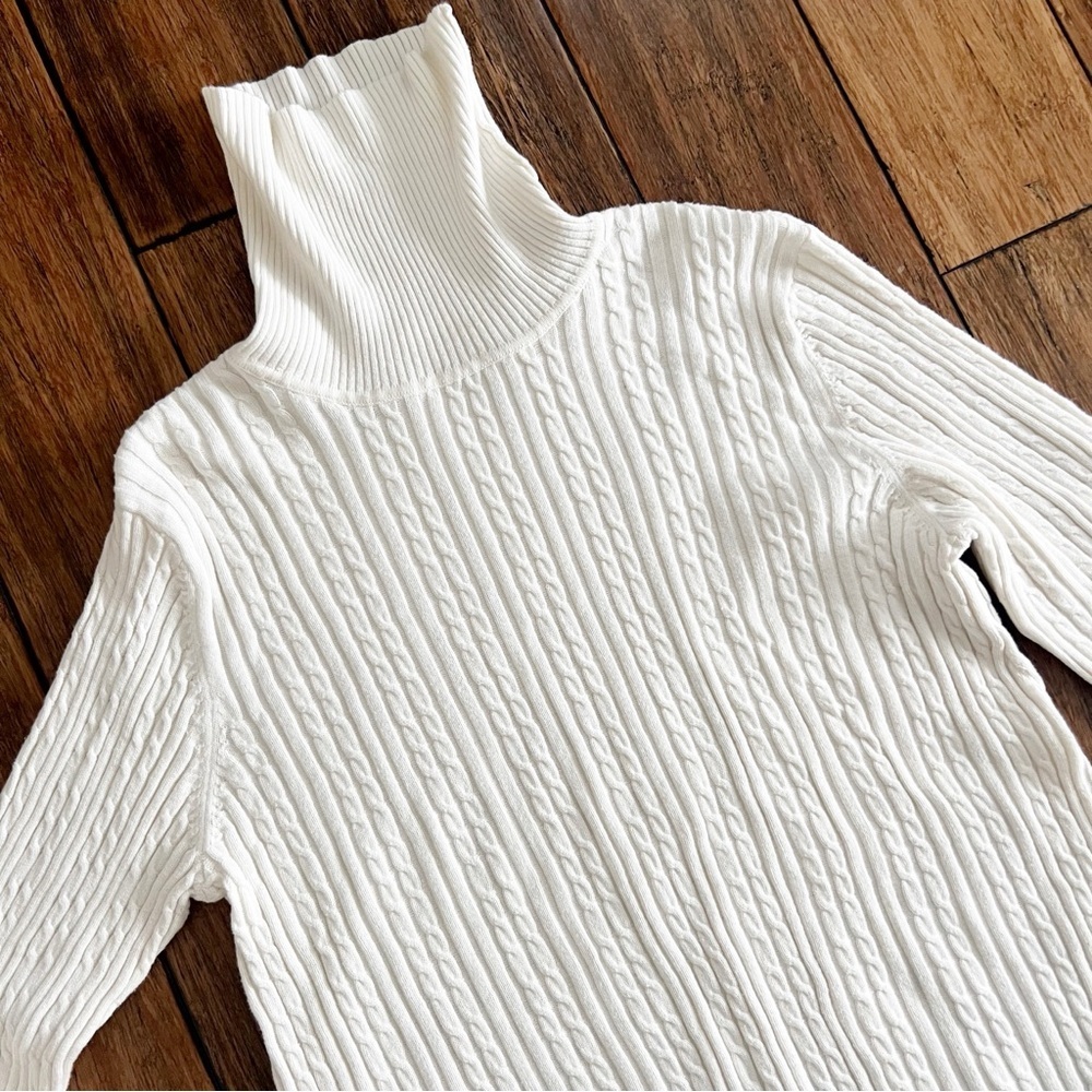 Classic Cream Cable Knit Turtleneck Sweater Large Cotton Fisherman Office Prep